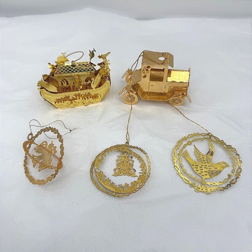 Gold Christmas Ornaments 5pc Metal Filigree VTG Holiday w/ Tamerlane & Noahs Ark